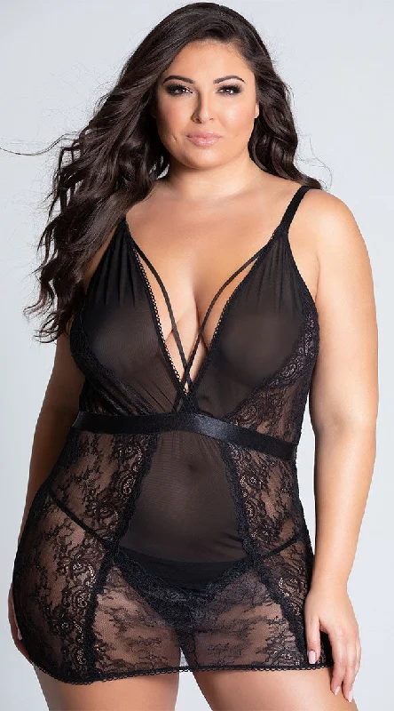 Plus Size Viviane Plunging Mesh and Lace Chemise Set