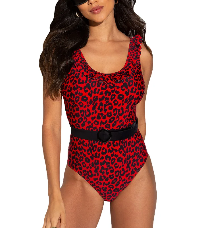 Pour Moi Frill Neck Belted Control Swimsuit (25604) - Red Leopard