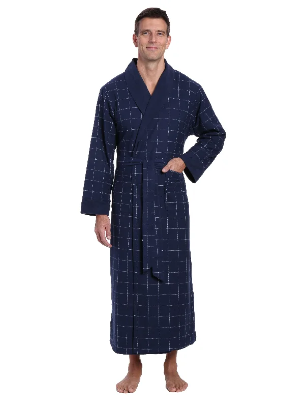 Mens Premium 100% Cotton Flannel Fleece Lined Robe - Windowpane Checks - Navy